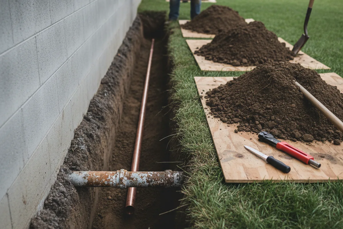 Excavated water line trench during Sewer Line Repair in Waterman
